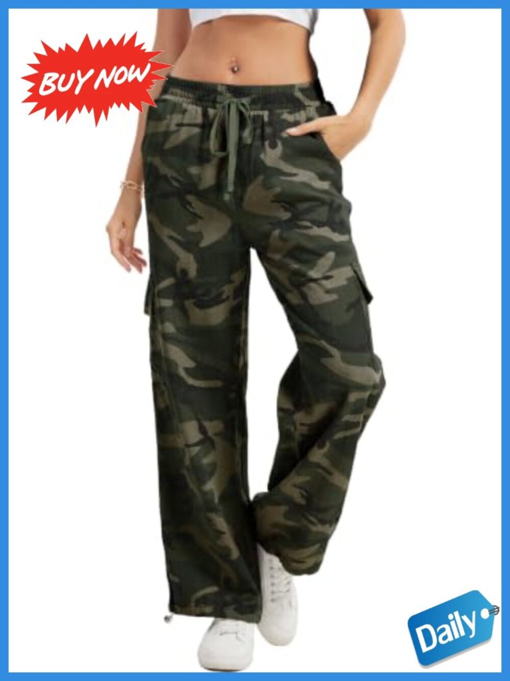 Womens Camo Cargo Pants Wide Leg Drawstring Elastic Waist Trousers
